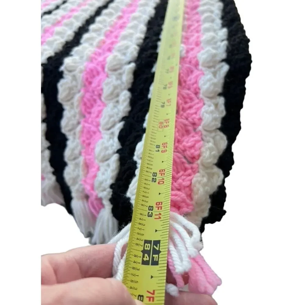 Vintage Crochet Granny Blanket Fringe Coconut Slice Stripe Pink White Black